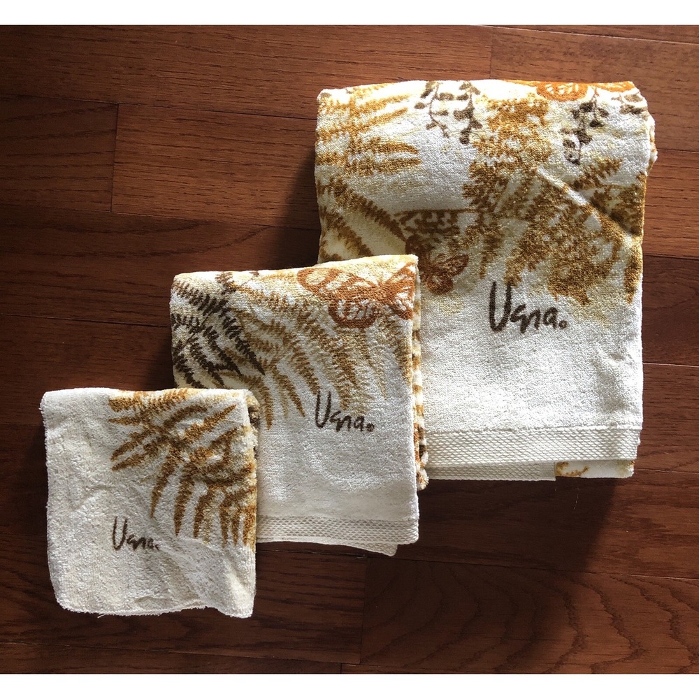 Vtg Vera Burlington Towel Set 3 Pcs Ivory Cotton Butterfly Floral Bath Hand Face